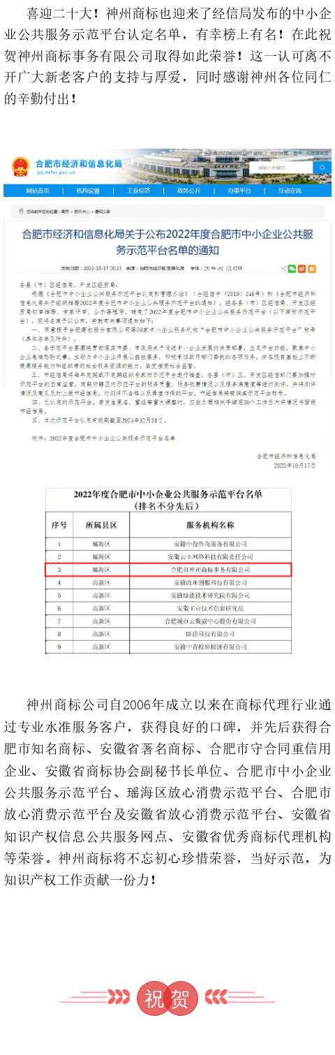 喜訊！神州商標經(jīng)認定入選2022年度合肥市中小企業(yè)公共服務(wù)示范平臺