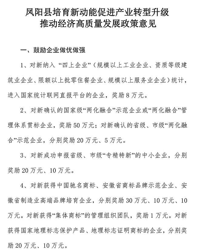 安徽省滁州市鳳陽縣培育新動能促進產(chǎn)業(yè)轉型升級推動經(jīng)濟高質量發(fā)展政策意見